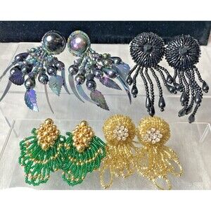 Lot Vintage Statement Beaded Earrings 1980s Runway Clip-On & Post Dangle Bold